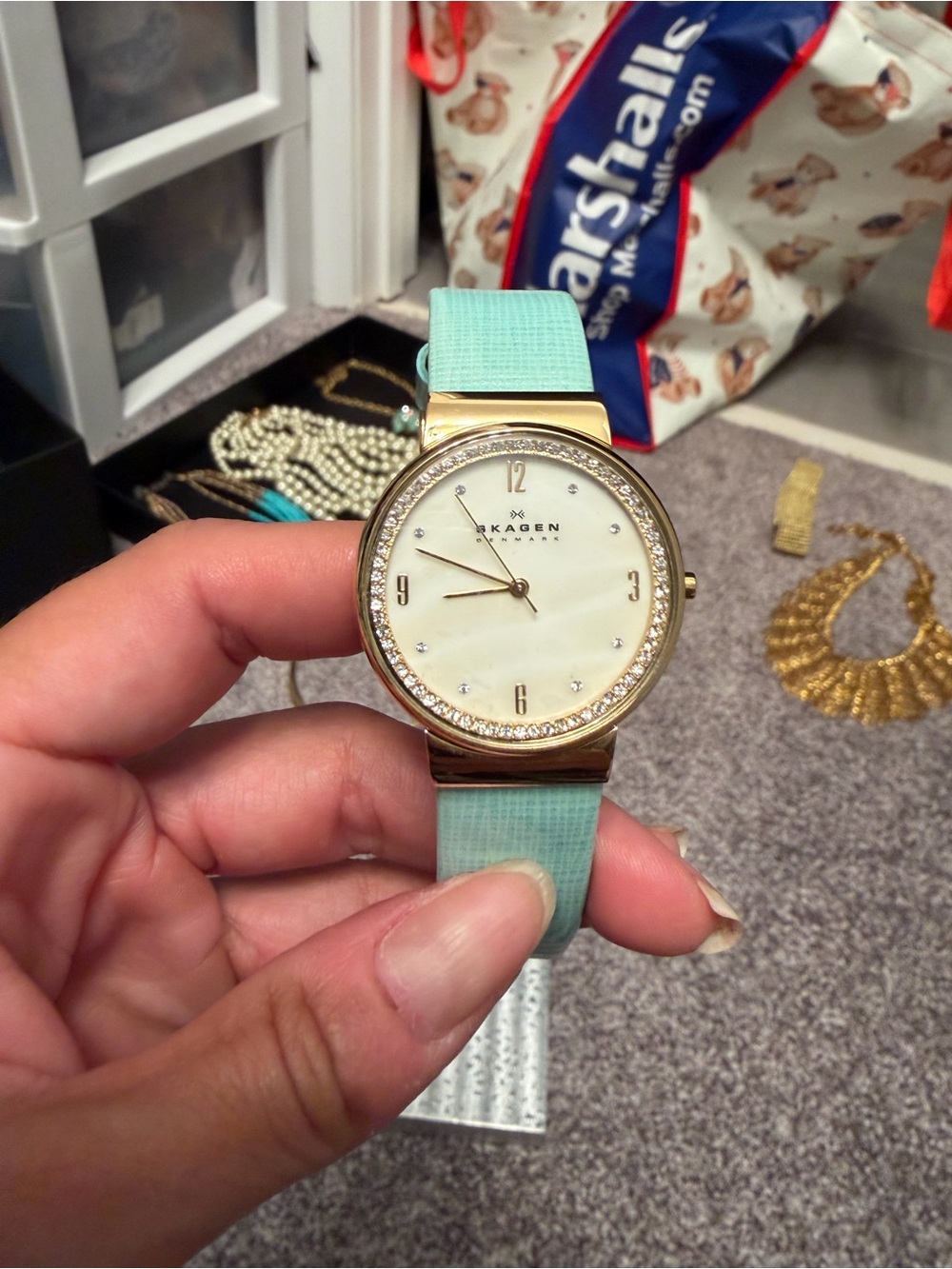 Skagen Gold Watch with Mint Green Leather Strap